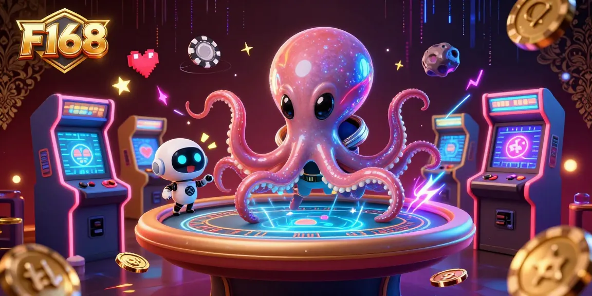 F168 showcases a captivating alien octopus playing poker amidst vibrant casino elements.
