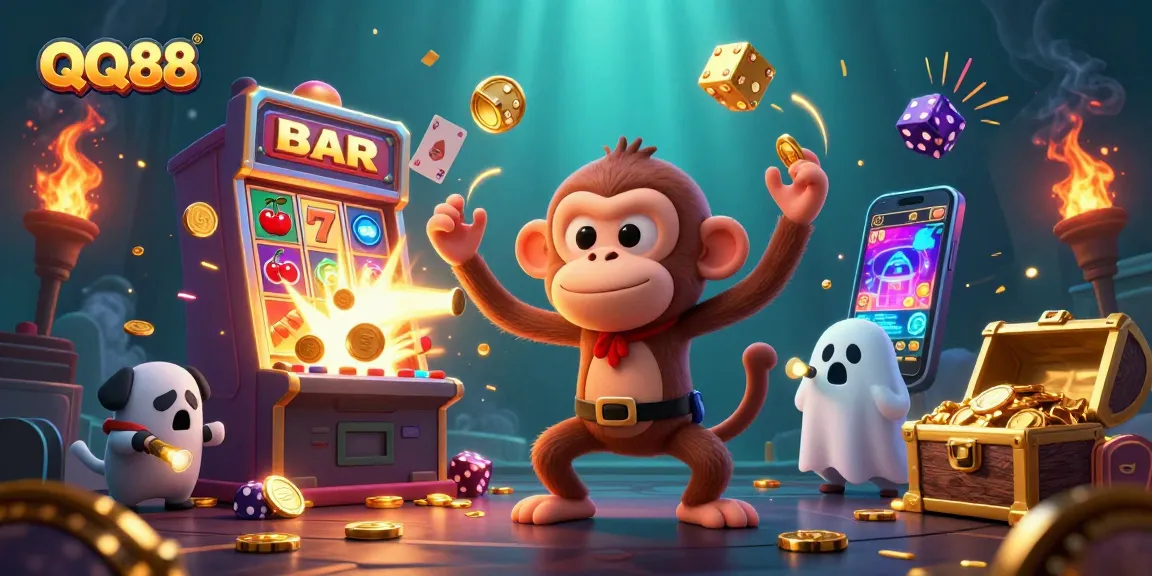 Experience thrilling moments at QQ88 with a mischievous poltergeist monkey and curious puppy in a captivating casino scene.