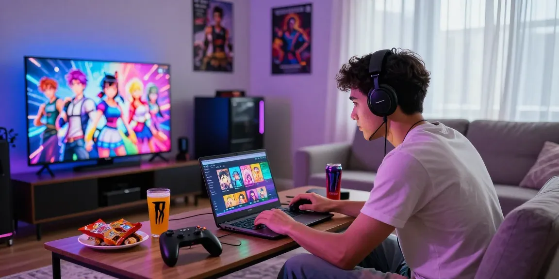 Gamer immersed in popular free hentai games in a cozy living room.