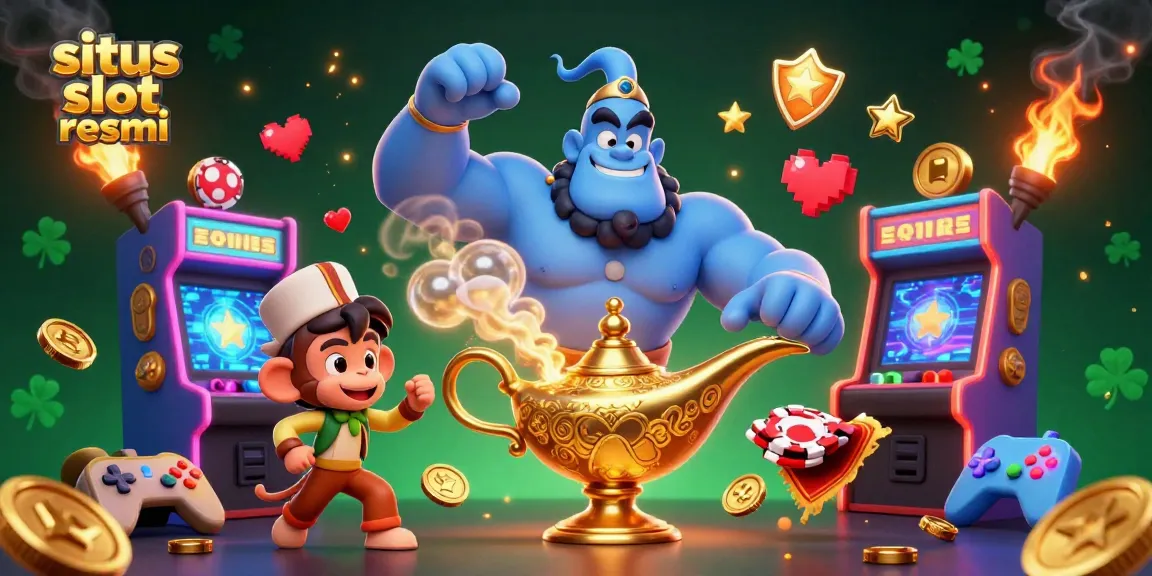 Spin to win with situs slot resmi surrounded by a genie and magic carpet loaded with poker chips.